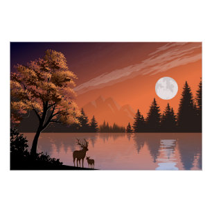 Pôster Paisagem Sunrise com Lago e Deers-51207