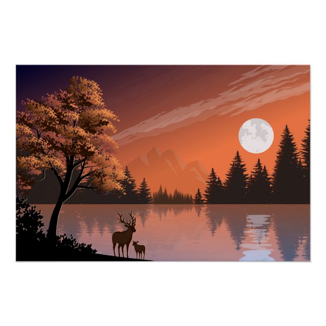 Pôster Paisagem Sunrise com Lago e Deers-51207 (Frente)