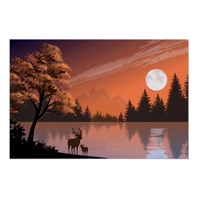 Pôster Paisagem Sunrise com Lago e Deers-51207 (Frente)