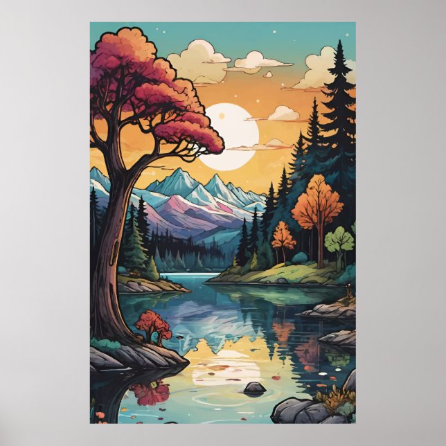 Poster Paisagem Sunset de Serenidade Lakeside Encantada (Frente)