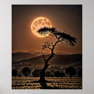 Poster Paisagem Surreal com Tonalidade Amber com Lua Comp