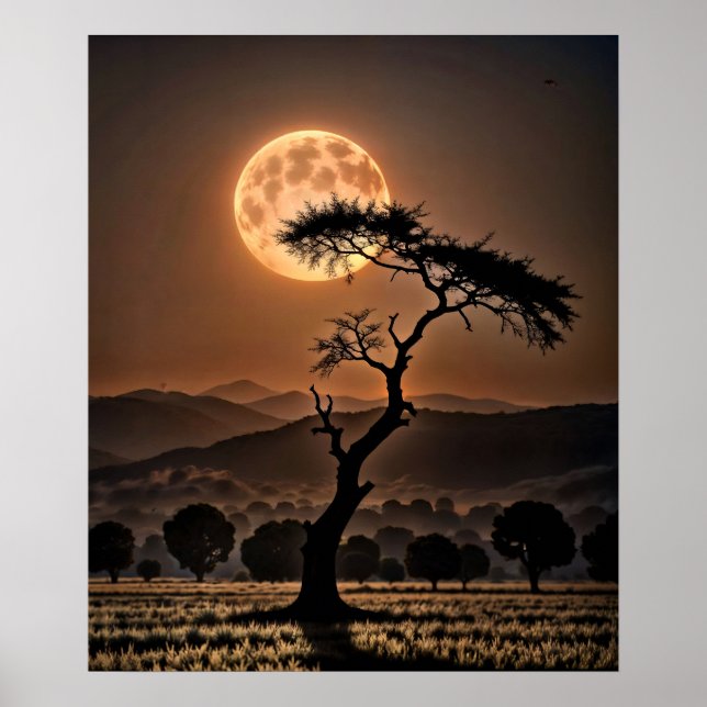 Poster Paisagem Surreal com Tonalidade Amber com Lua Comp (Frente)