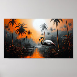 Poster Paisagem Tropical Com Flamingo Sob Céu Vibrante