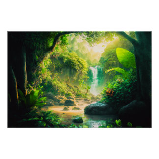 Pôster Paisagem tropical do Paraíso Fantasia com Cascata