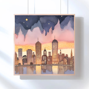 Poster Paisagem Urbana ao Pôr do Sol Pintura em Aquarel
