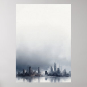 Poster Paisagem Urbana Cinza Azul Nebulosa em Aquarela Po