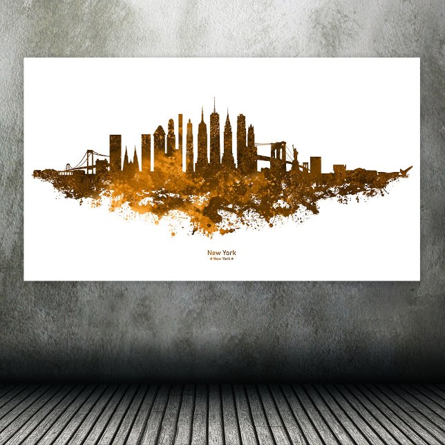 Poster Paisagem urbana da Cidade de Nova York em aquarela (New York City Skyline Watercolor in orange. Poster)