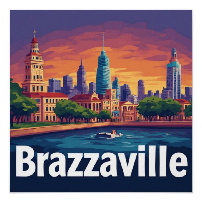 Pôster Paisagem urbana de Brazzaville com catedral histór (Frente)