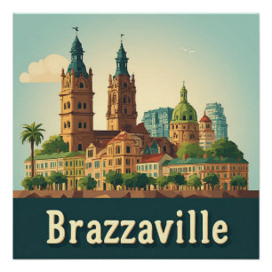 Pôster Paisagem urbana de Brazzaville com catedral histór