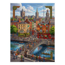 Pôster Paisagem Urbana de Dublin Ilustrada e Ponte Ha'pen