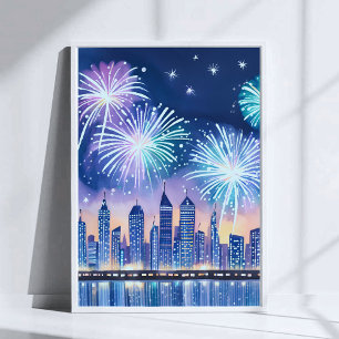 Poster Paisagem Urbana de Fogos de Artifício Aquarela D