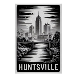 Pôster Paisagem Urbana de Huntsville Alabama em Preto e B