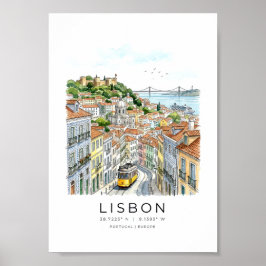 Poster paisagem urbana de Lisboa em estilo aquarela