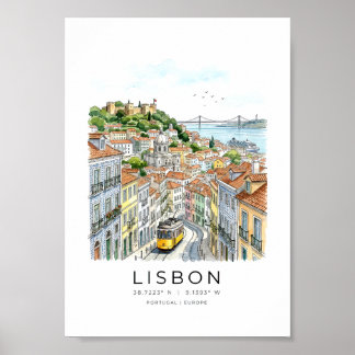 Poster paisagem urbana de Lisboa em estilo aquarela