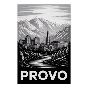 Pôster Paisagem Urbana de Provo Utah Preto Branco Xilogra