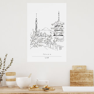 Poster Paisagem Urbana do Japão & Arte de Linha Minimalis