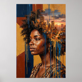 Poster Paisagem Urbana do Pôr do Sol Afro-futurismo Rainh