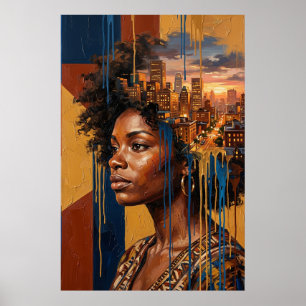 Poster Paisagem Urbana do Pôr do Sol Afro-futurismo Rainh