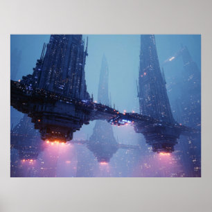 Poster Paisagem Urbana Futurista com Estruturas Flutuante