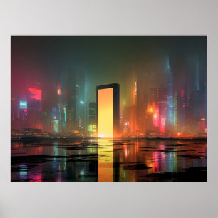 Poster Paisagem Urbana Futurista com Reflexos de Neon