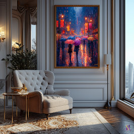 Poster Paisagem Urbana Impressionista de Cidade Chuvosa –