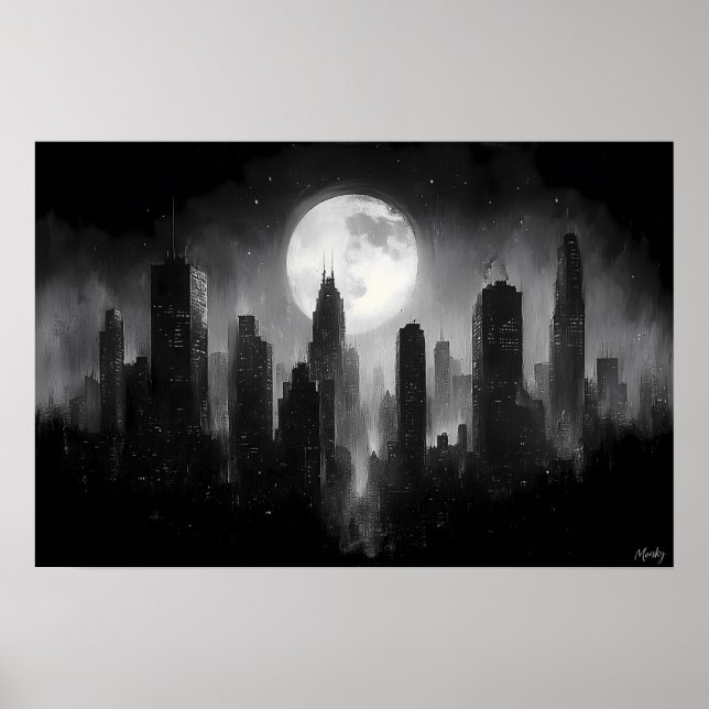Poster Paisagem Urbana Noturna com Lua Cheia - Preto e Br (Frente)