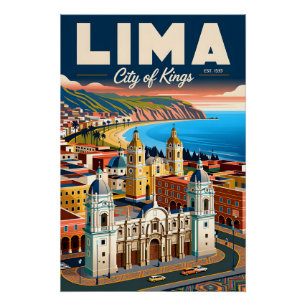 Pôster Paisagem Urbana Vintage Lima Peru Viagem Retro
