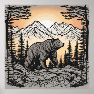 Poster Paisagem Urso e Natureza das Montanhas