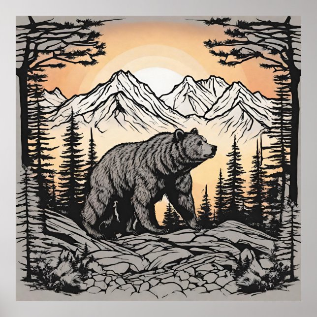 Poster Paisagem Urso e Natureza das Montanhas (Frente)