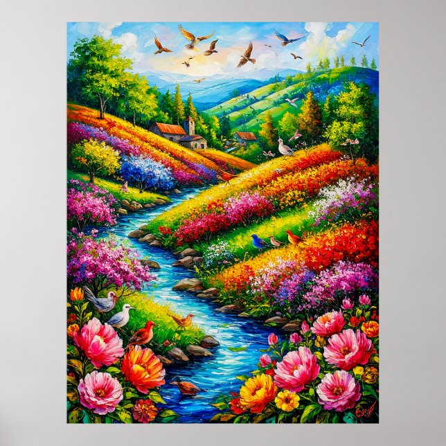 Poster Paisagem Vibrante com Flores em Flor (Frente)