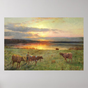 Poster Paisagem Vintage do Lago ao Pôr do Sol com Vacas A