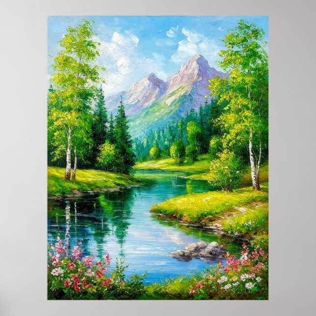 Poster Paisagem Vívida Com Montanhas, Cenário de Rio (Frente)