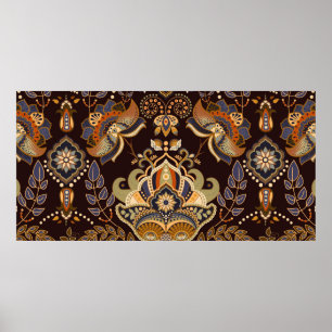 Poster Paisley floral sem costura. Fundo escuro com