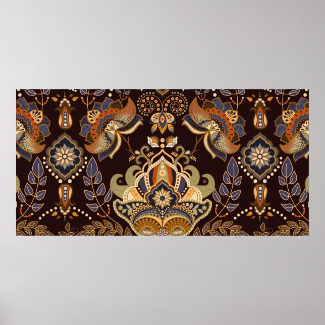 Poster Paisley floral sem costura. Fundo escuro com (Frente)