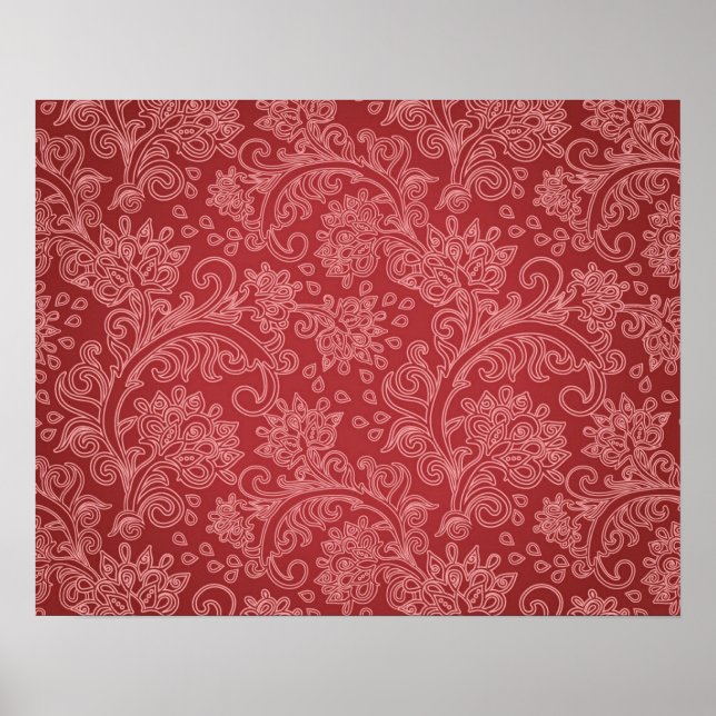 Poster Paisley Vermelho Damasco Designer Floral Clássico (Frente)