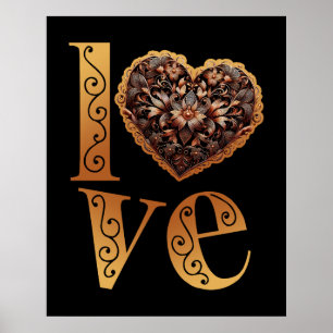 Poster Palavra amor com coração rosa de filigrana românti