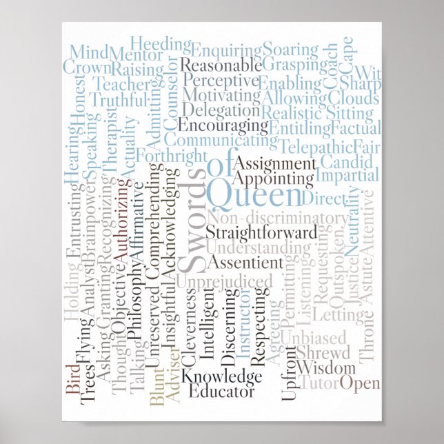 Poster Palavras-chave do Cartão Tarot da Rainha das Espad (Frente)