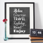 Poster Palavras de Inspiração de Baixa | Tipografia Preta<br><div class="desc">Design de impressão de poster de pintura de parede de presente de reforma apresenta palavras que soletram RETIRE em na moda branco: "Relaxe,  Entertain,  Viagem,  Indulge,  Read,  Enjoe" com o texto "Desejando uma aposentadoria muito feliz". O fundo tem uma aparência de quadro negro texturizado.</div>
