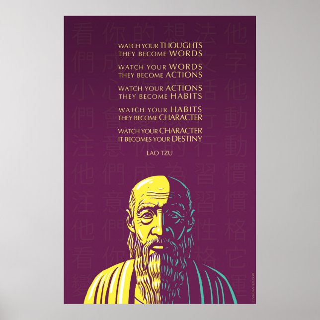 Poster Palavras de Lao Tzu: Cuidado com seus pensamentos (Frente)