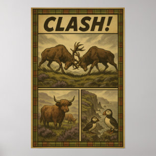 Poster Palco em Highland - Stags, Puffins e Bovinos