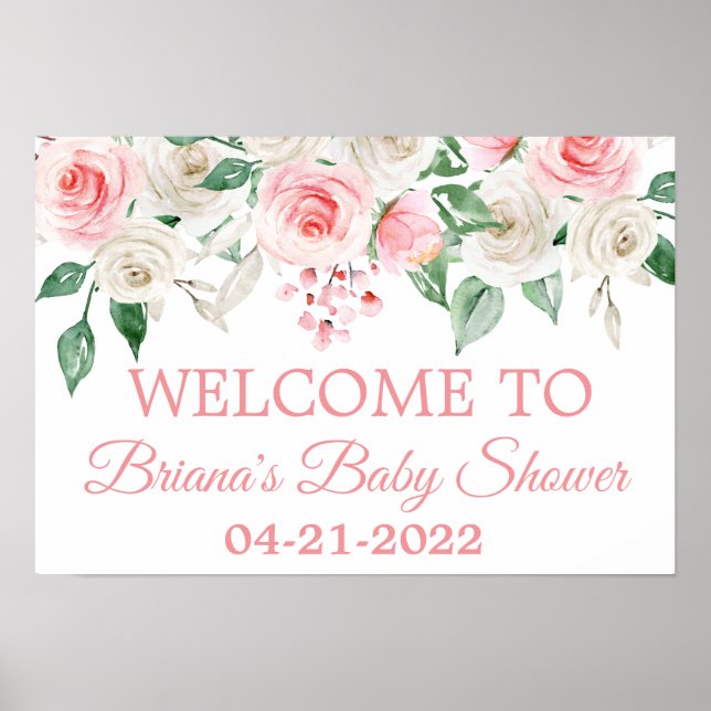 Poster Pale Peach Blush Pink Floral Baby Shower Welcome (Frente)