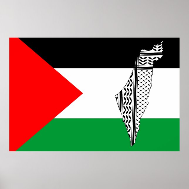 Poster Palestina - Bandeira e Mapa com Padrão Keffiyeg (Frente)