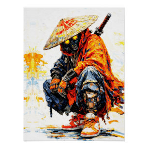 Pôster Paleta de Ciber Samurai Faca Neon Laranja Impasto