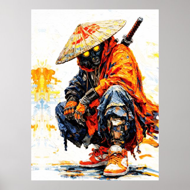 Poster Paleta de Ciber Samurai Laranja Neon Impasto (Frente)