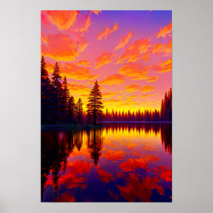 Poster Paleta Sunset, céu Dourado e vermelho sobre o lago