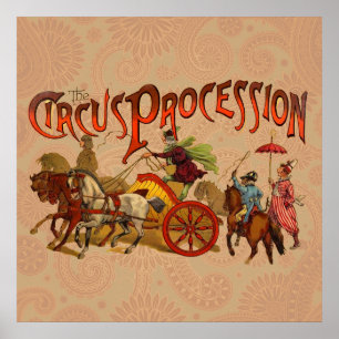 Pôster Palhaços e Cavalos de Procissão de Circo Vintage