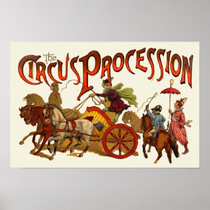Pôster Palhaços e Cavalos de Procissão de Circo Vintage