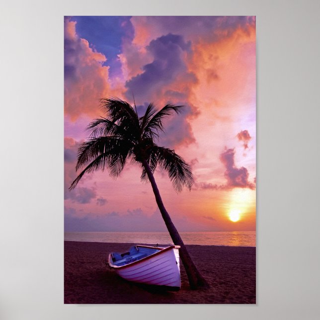 Poster Palm de Barco de Praia Sunset Tropical (Frente)