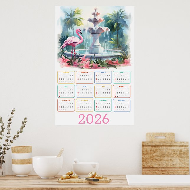 Poster Palm Garden Serenity: 2026 Flamingo Calendar (Cozinha)