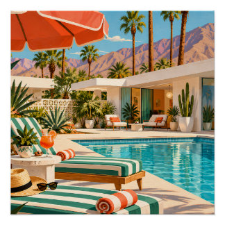 Pôster Palm Springs Poolside Retro Mid Century Modern Art